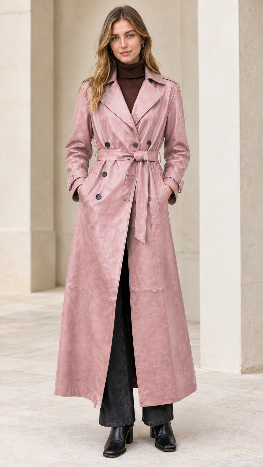 Full-length front view of dusty pink faux leather maxi trench coat with matching belt