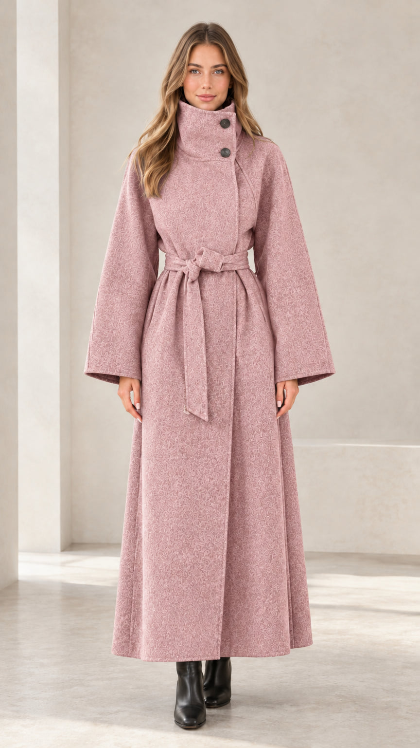 Front view of women's dusty pink high-neck maxi belted trench coat