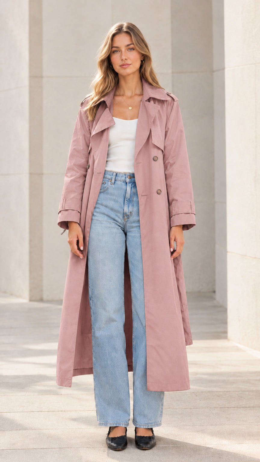 Front view of model wearing the long dusty pink trench coat