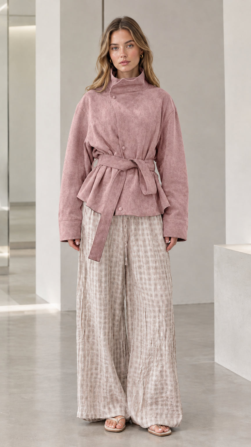Front view of model wearing dusty rose belted high-neck suede jacket with wide leg pants