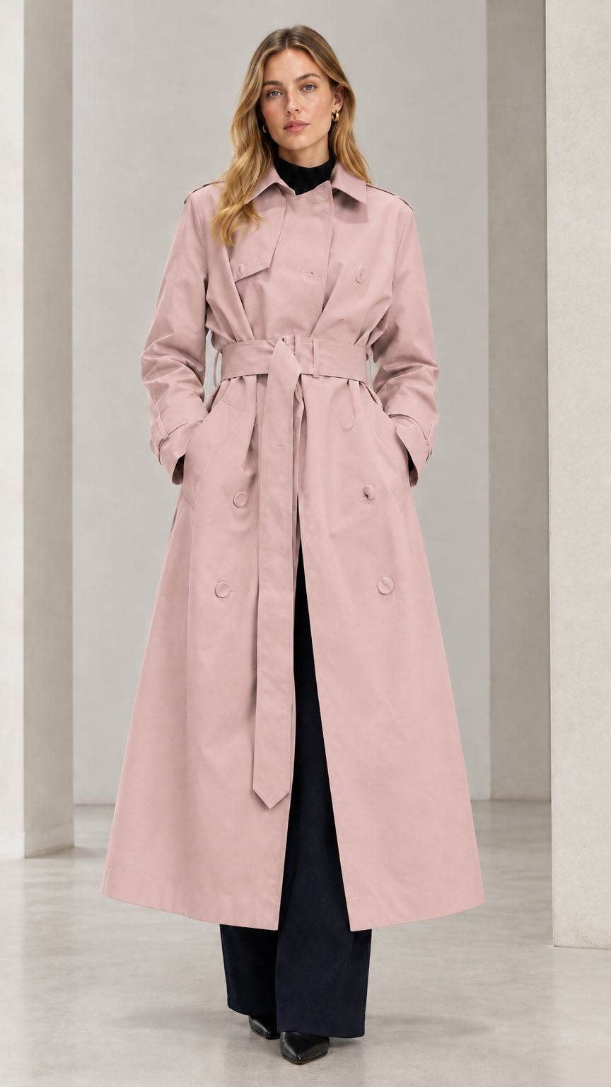 Front view of woman wearing Pink double-breasted maxi trench coat