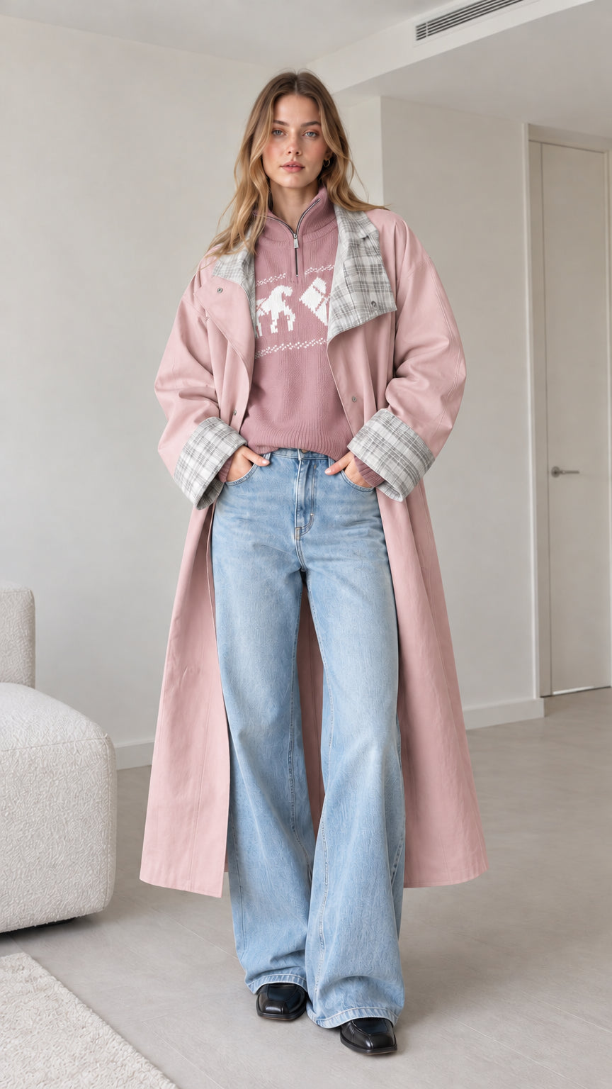 Front full-length view of model in dusty pink long trench coat with plaid lapel details