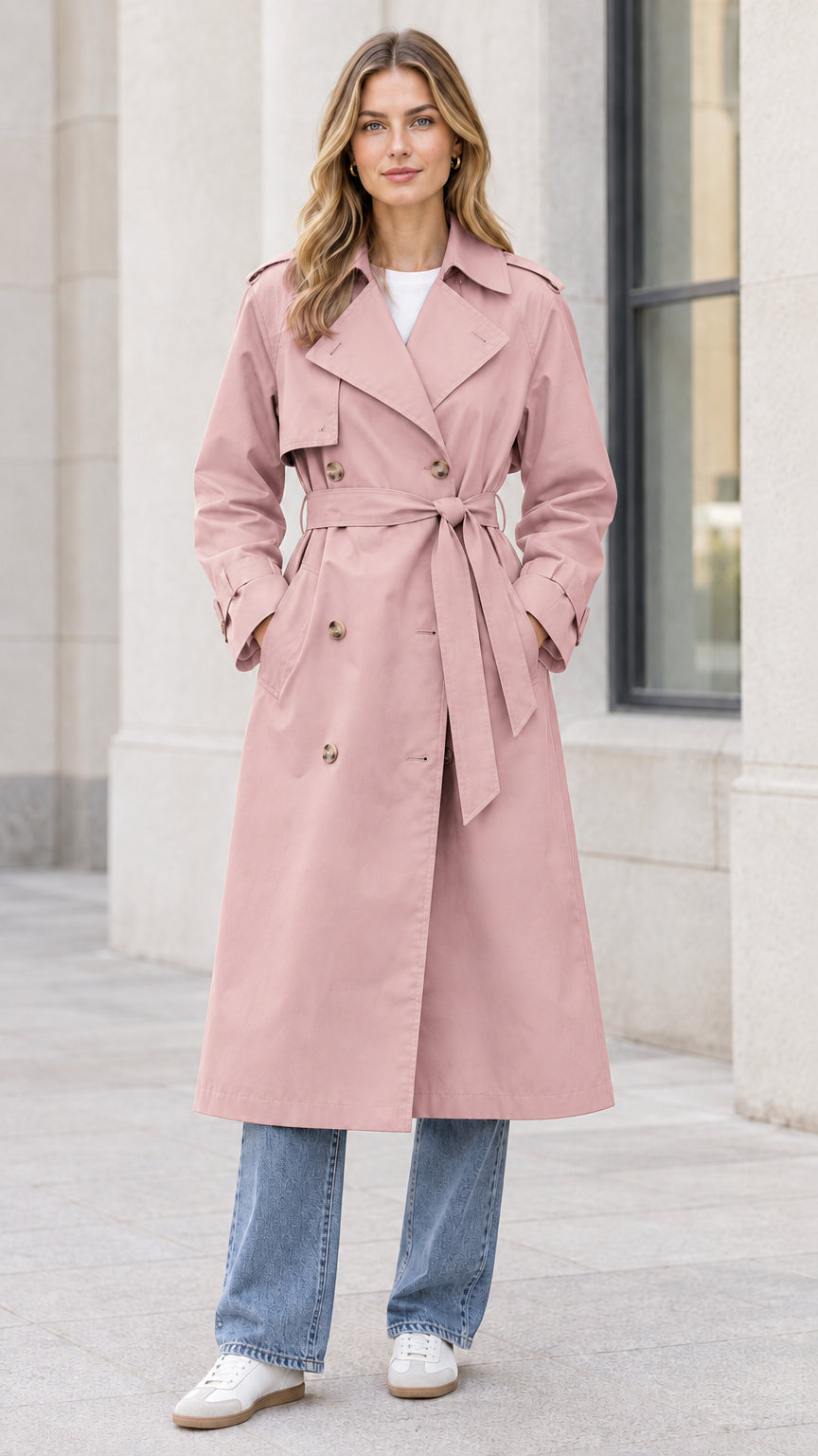 Front full-length view of woman wearing dusty pink double-breasted long trench coat