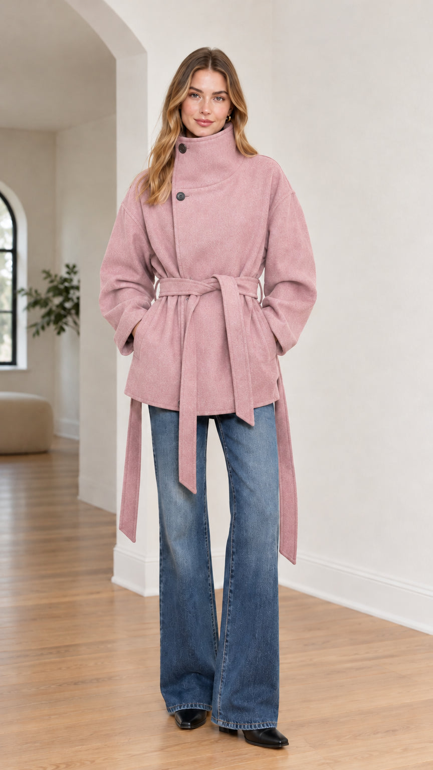 Front view of model wearing dusty pink high-neck belted wrap coat with denim pants