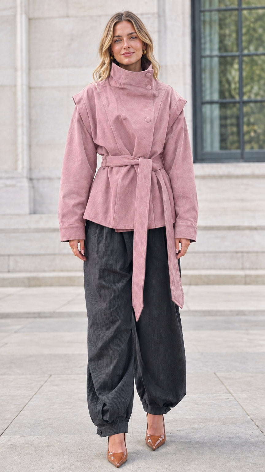 Full-length view of woman wearing soft pink stand collar belted utility jacket
