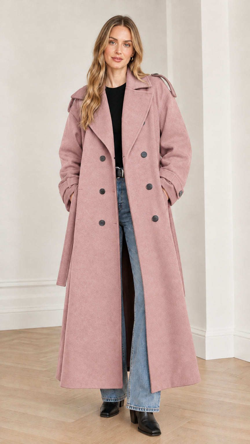 Front view of woman wearing dusty pink double-breasted long overcoat with button details