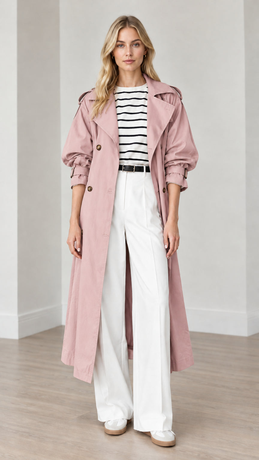 Full-length front view of woman wearing dusty pink double-breasted long trench coat
