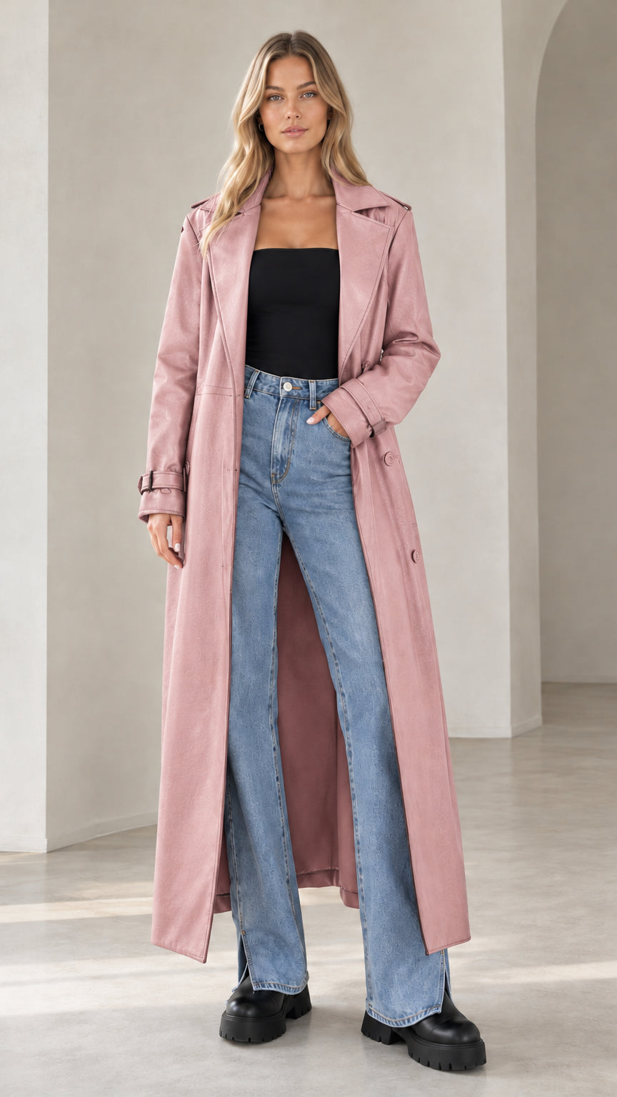Front view of model wearing dusty pink faux leather maxi trench coat with jeans
