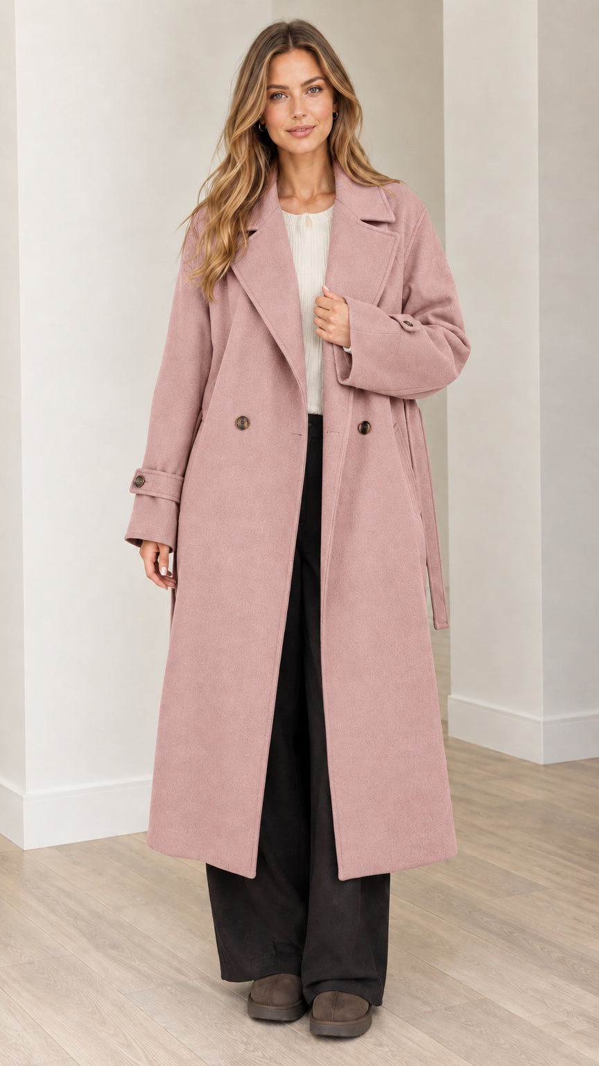 Front view of woman wearing dusty pink longline belted overcoat