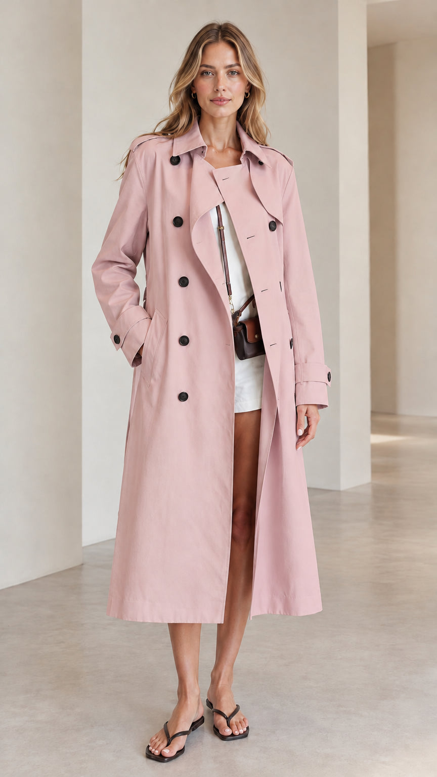 Front view of woman wearing pink double-breasted long trench coat