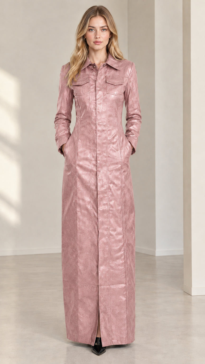 Front view of model wearing dusty pink faux leather maxi shirt dress
