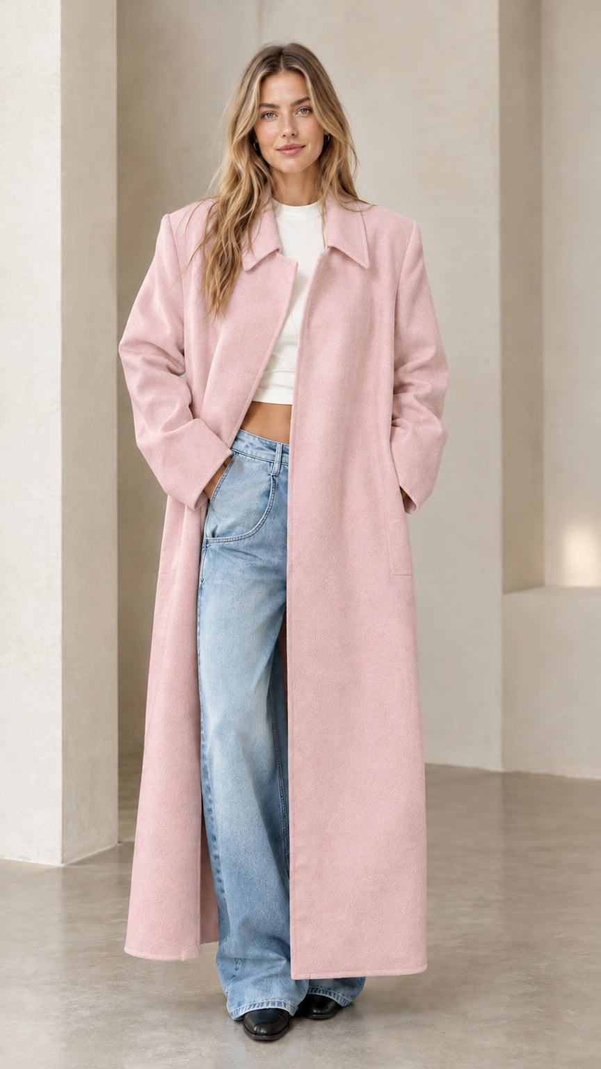 Full-length front view of a model wearing the dusty pink floor-length tailored overcoat