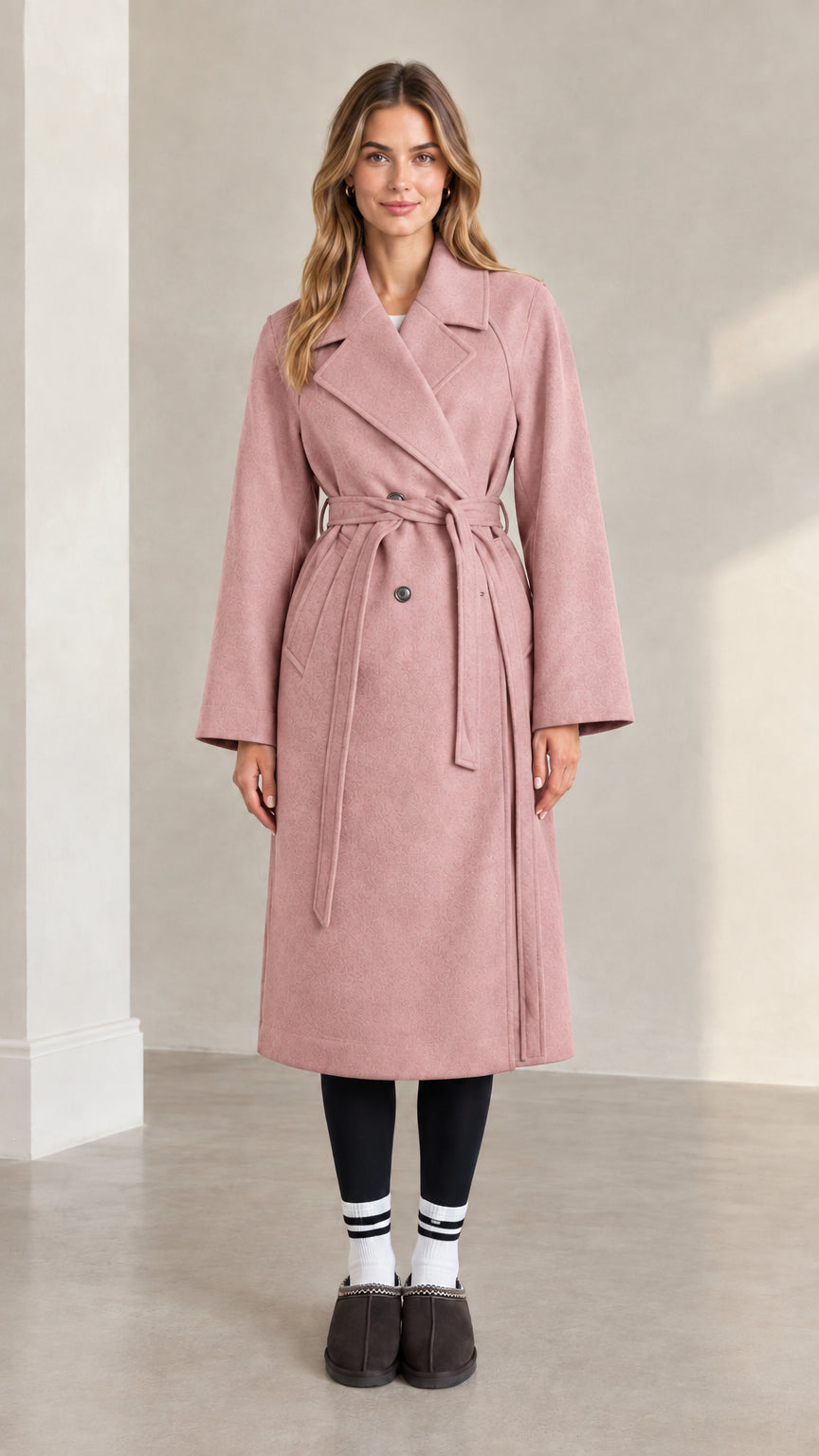 Front full view of woman wearing dusty pink longline belted trench coat