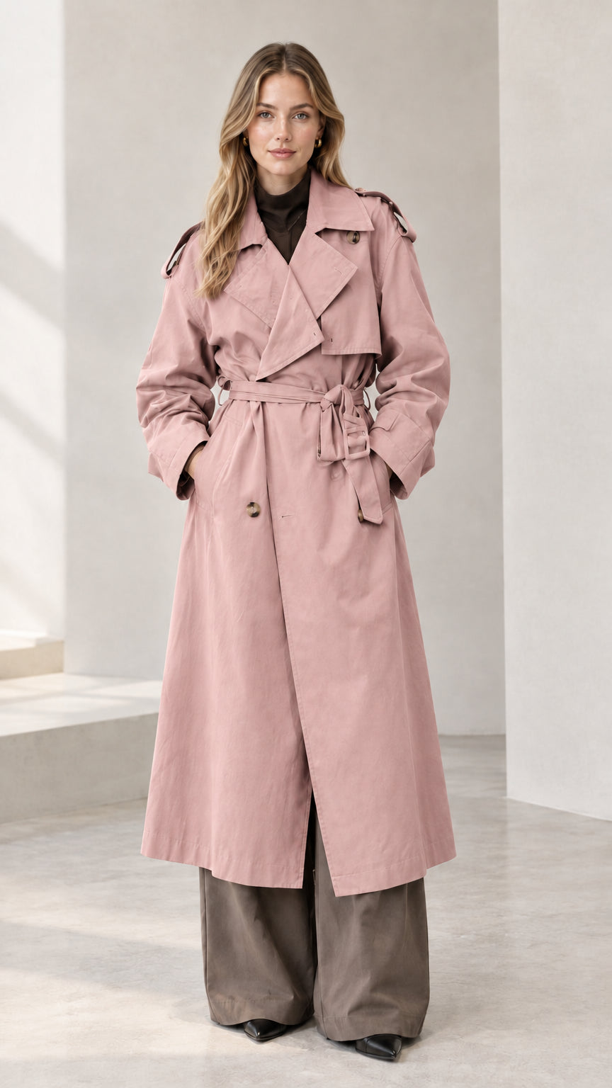 Front view of woman wearing long dusty pink double-breasted trench coat with waist belt