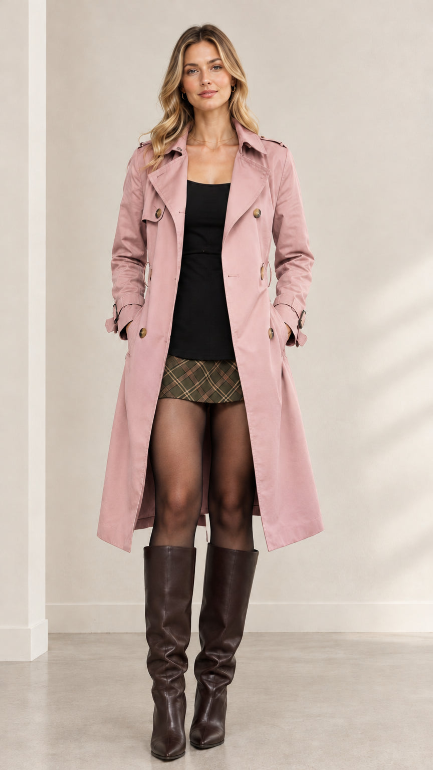 Full front view of model wearing dusty pink double-breasted long trench coat
