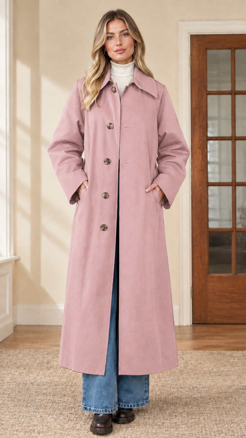 Full front view of woman wearing dusty pink maxi single-breasted trench coat