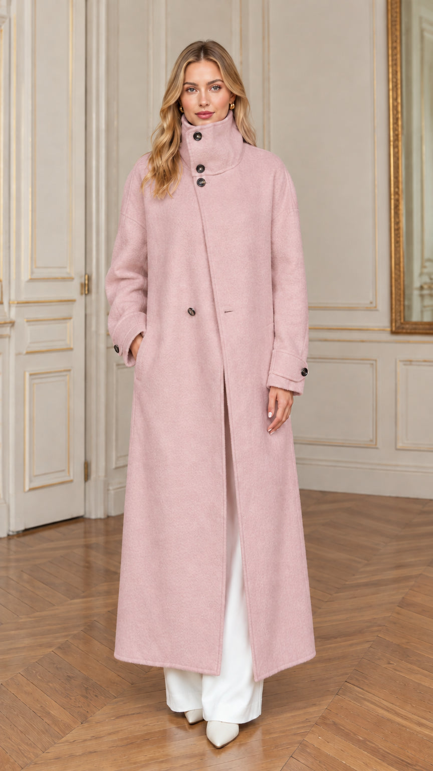 Front view of the tailored full-length stand collar maxi overcoat in dusty blush pink