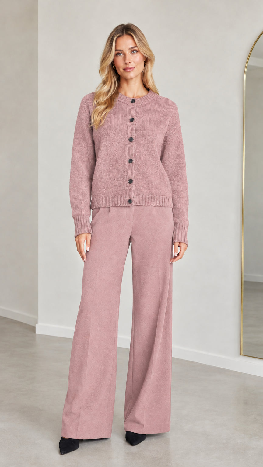 Front view of model wearing Dusty Pink knit button-down cardigan and wide-leg trousers