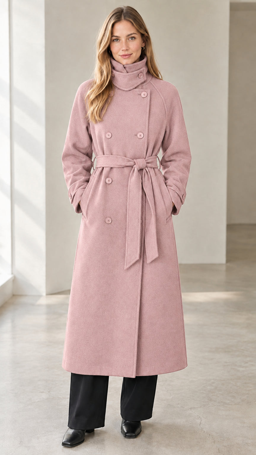 Front view of model wearing dusty pink double-breasted high neck long coat