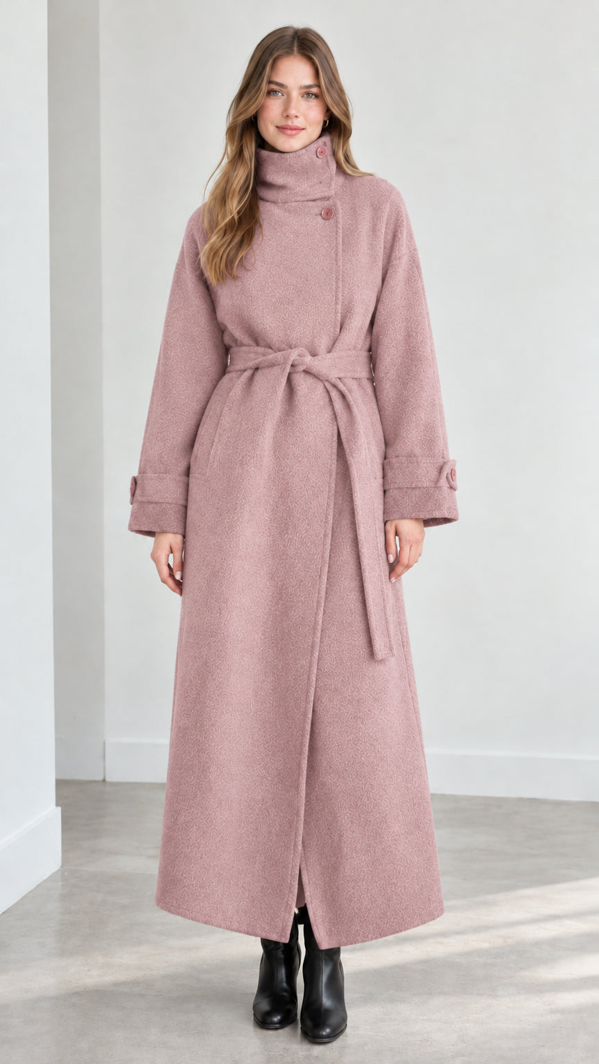 Front view of model wearing dusty pink high collar belted maxi coat