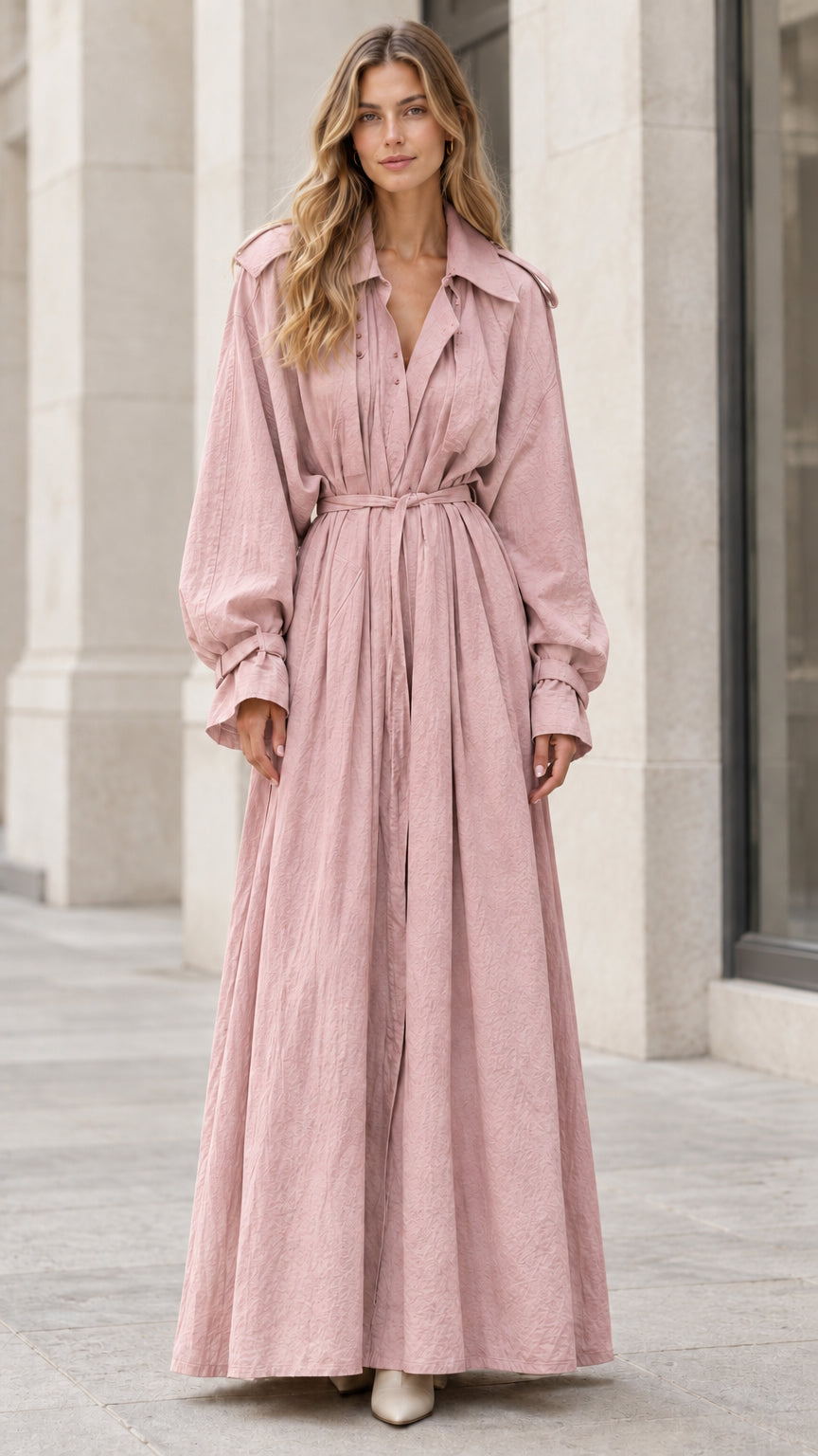 Model wearing the long sleeve belted trench maxi dress in soft dusty pink