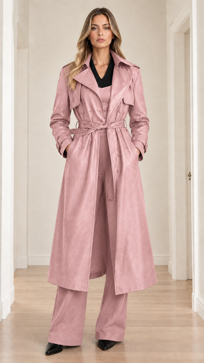 Full-length front view of dusty pink faux leather belted trench coat