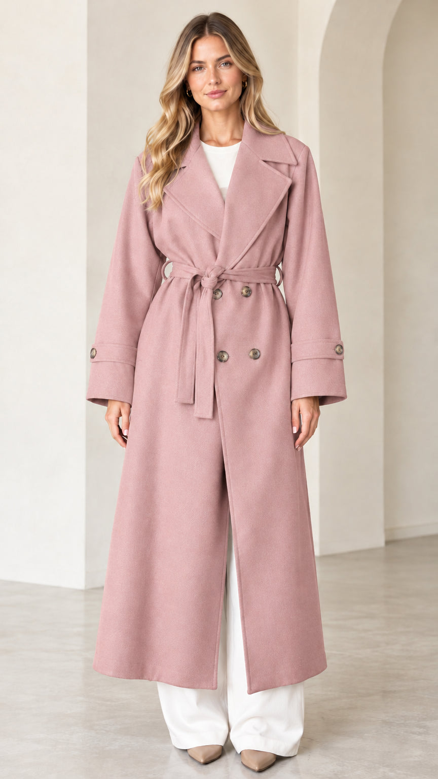 Front view of model wearing dusty pink double-breasted longline belted coat
