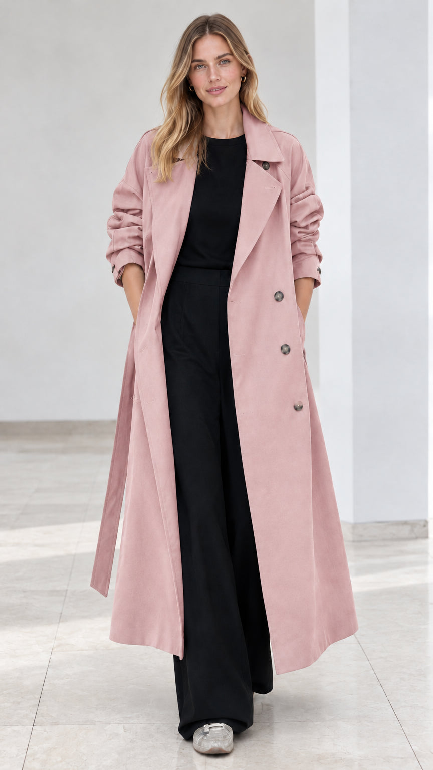 Front view of model wearing dusty pink double breasted long trench coat
