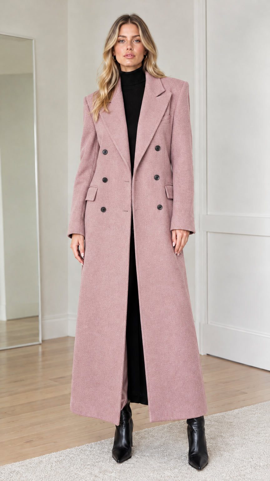 Full-length front view of woman wearing dusty pink double-breasted maxi overcoat