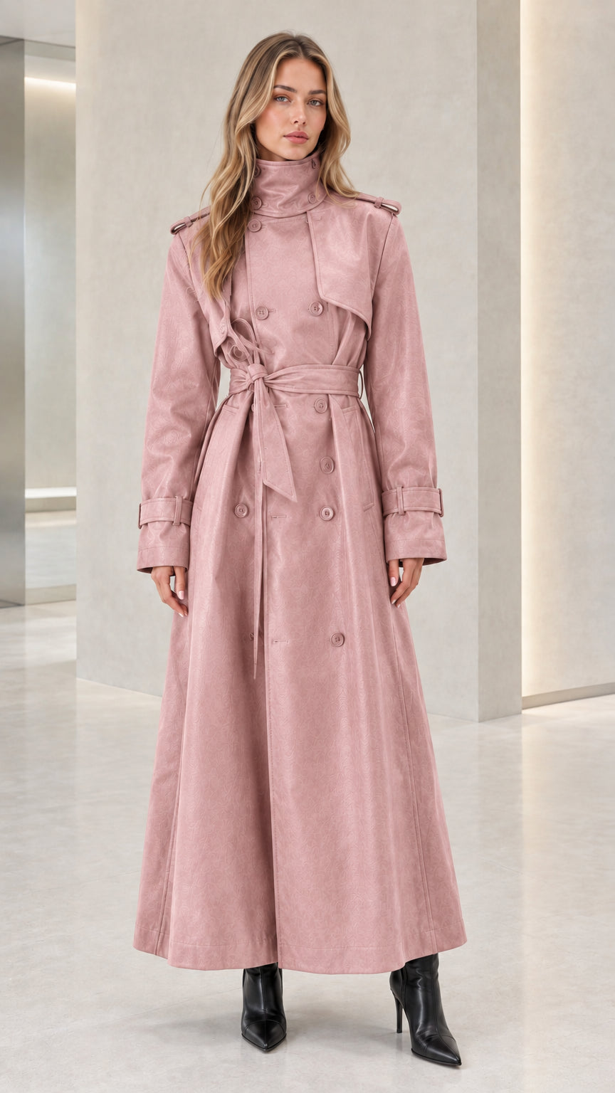Full-length view of women's dusty pink double-breasted maxi trench coat