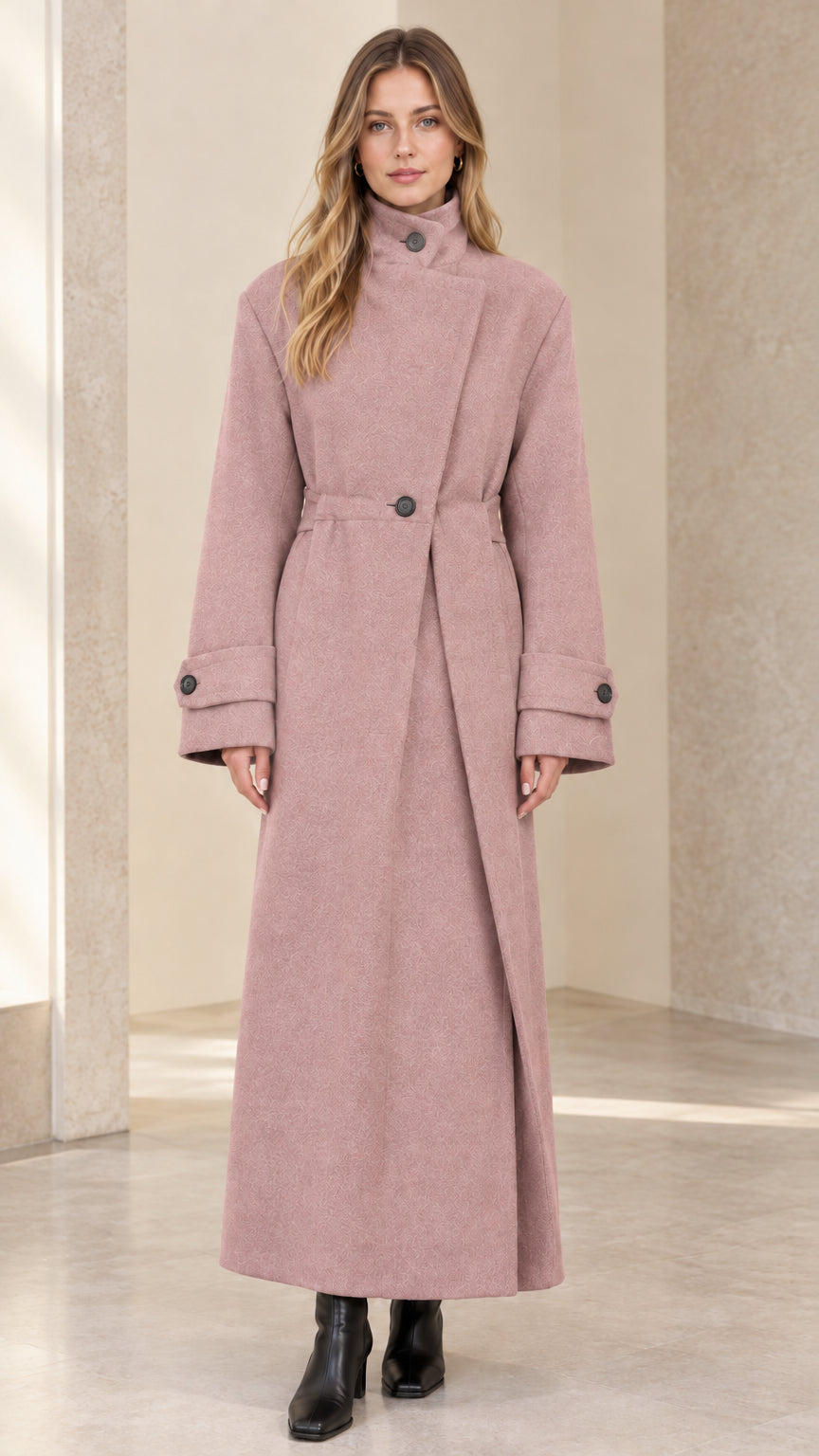 Front full-length view of model wearing dusty pink asymmetric high-neck maxi coat