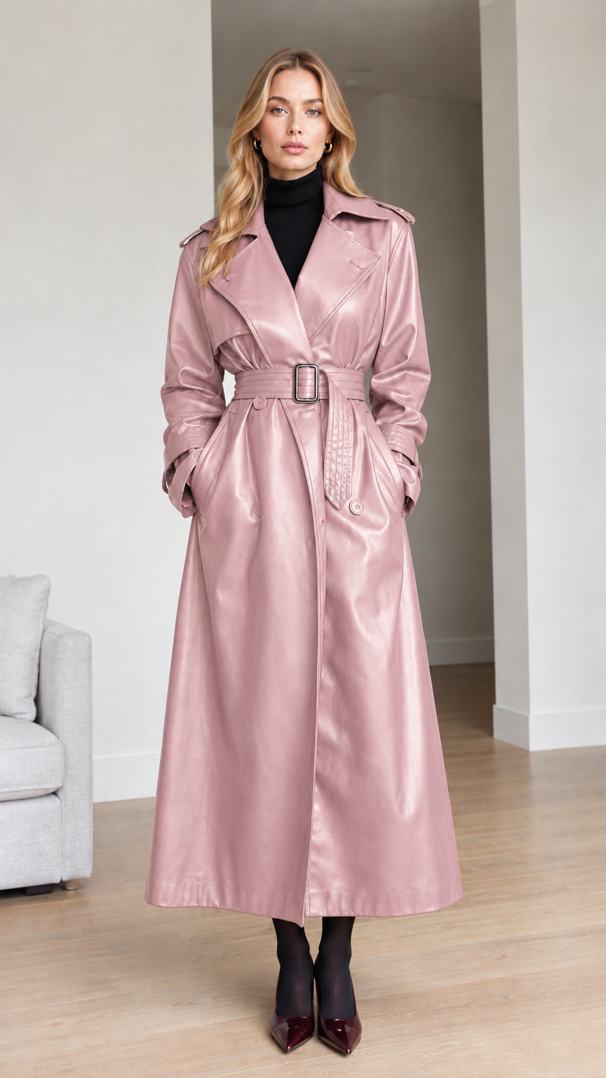 Front view of model wearing dusty pink faux leather maxi trench coat
