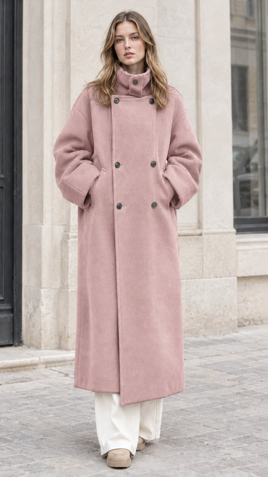 Front full view of woman wearing Dusty Pink double-breasted high neck maxi overcoat