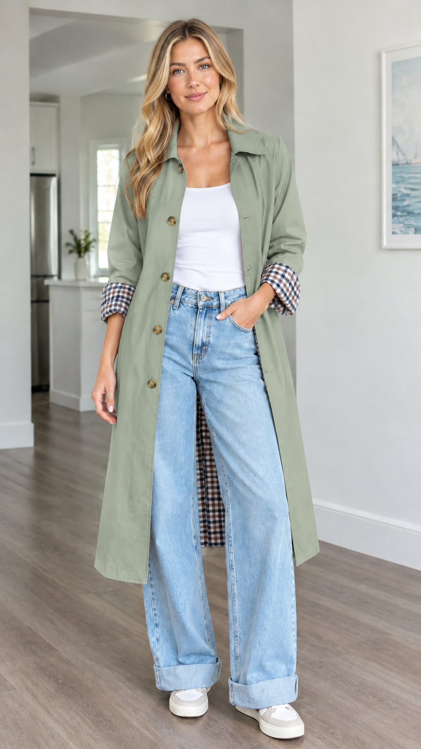 Front view of woman wearing sage green long plaid-lined trench coat over white top and jeans