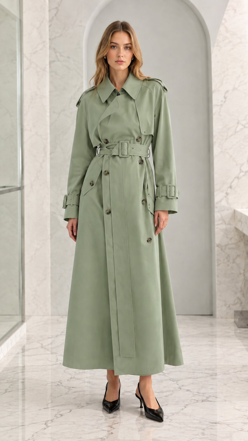 Front full-length view of woman wearing sage green maxi belted trench coat