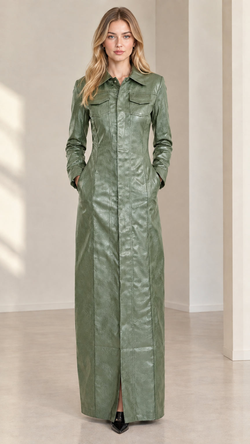 Front view of model wearing sage green faux leather maxi shirt dress