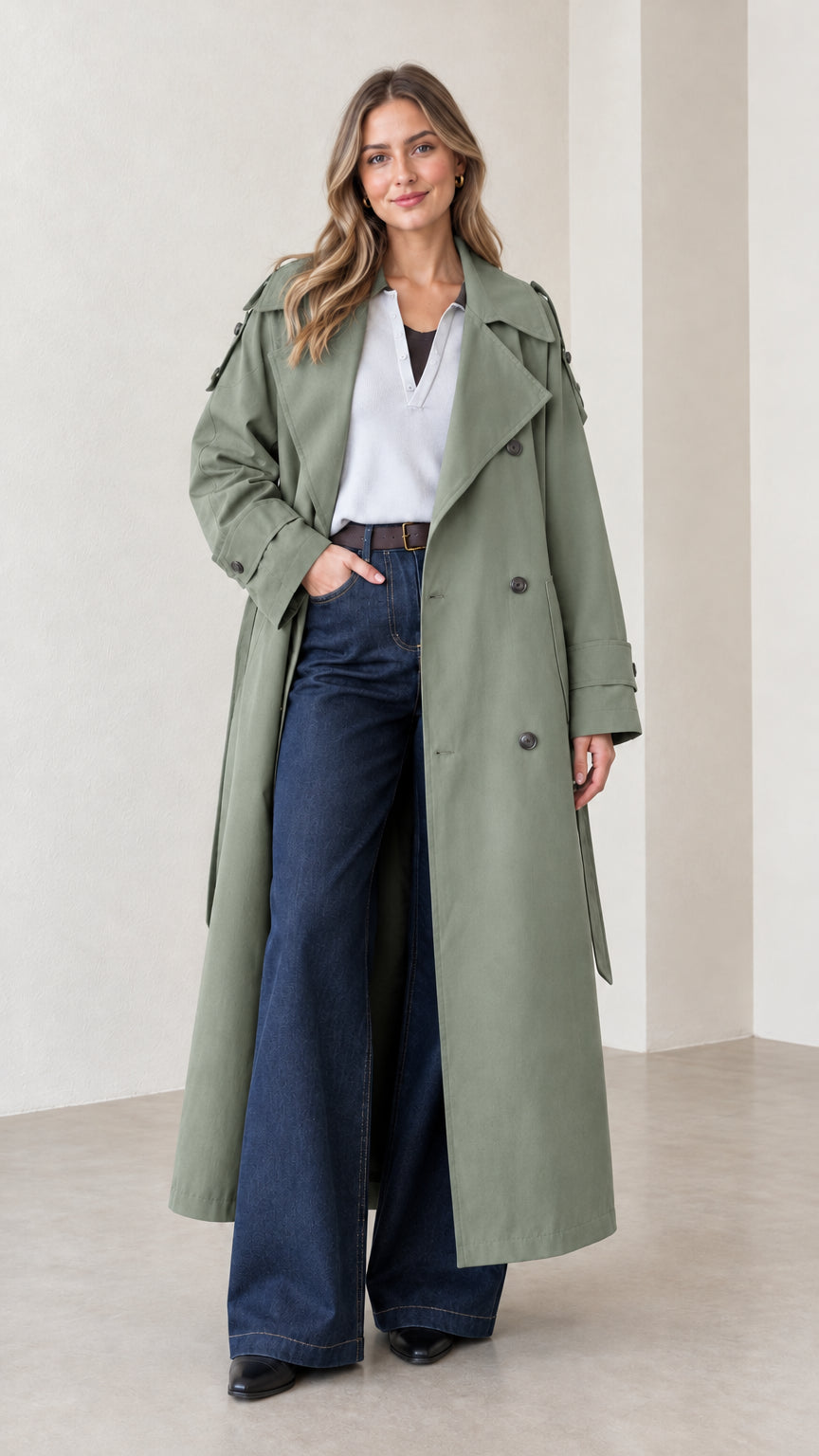 Woman wearing sage green long double-breasted trench coat with belted waist