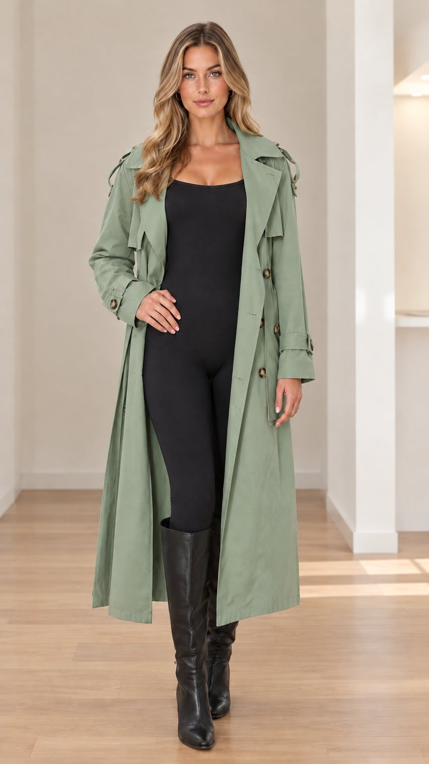 Front full-length view of woman wearing sage green double-breasted long trench coat