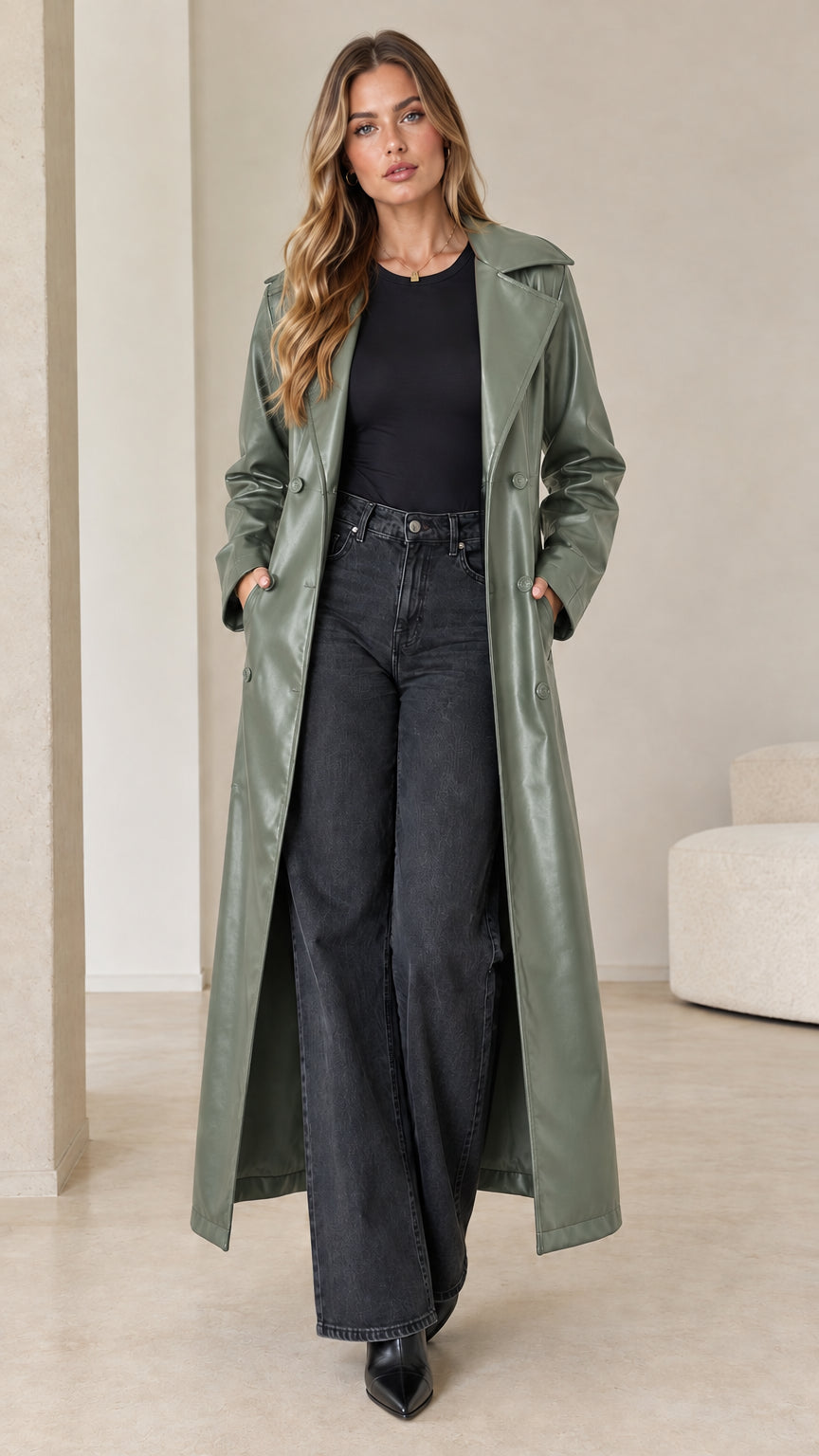 Front view of model wearing a sage green faux leather maxi trench coat with long sleeves and wide lapels
