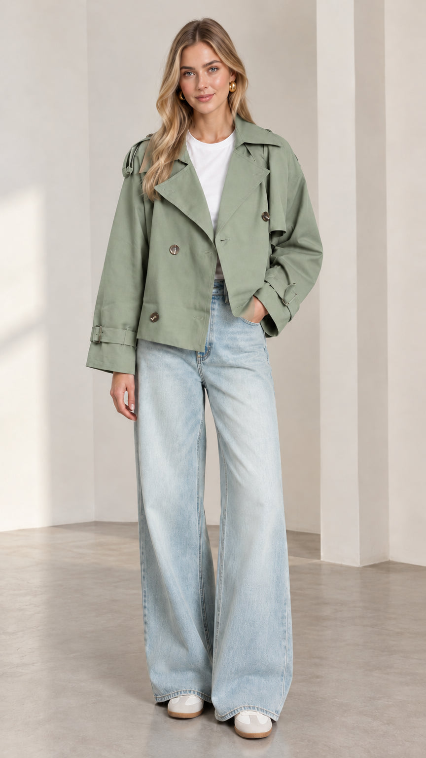 Front full-length view of model wearing sage green cropped trench jacket with light wash jeans