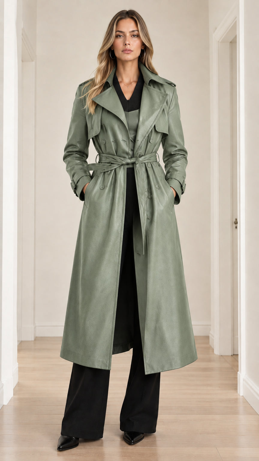 Full-length front view of sage green faux leather belted trench coat