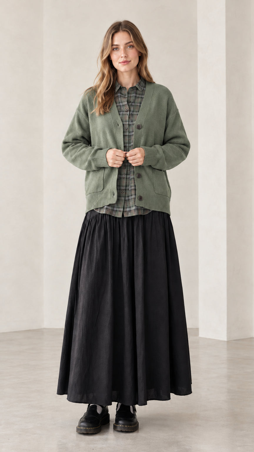 Front view of woman wearing sage green V-neck button-front knit cardigan sweater
