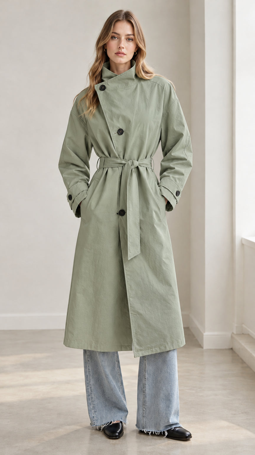 Front view of woman wearing sage green high-neck belted trench coat