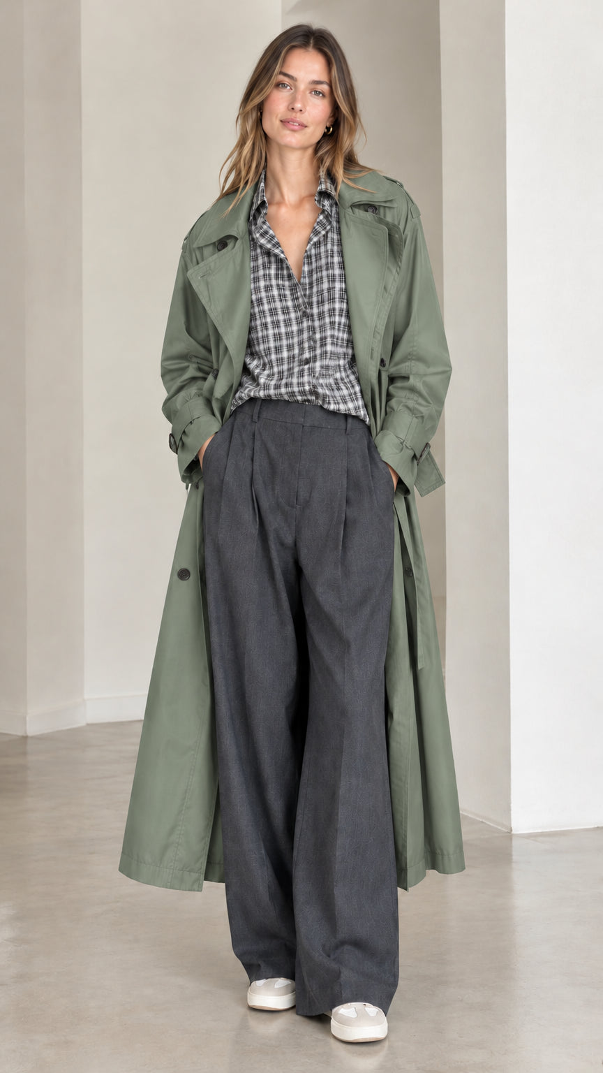 Model wearing long sage green belted trench coat with wide-leg trousers