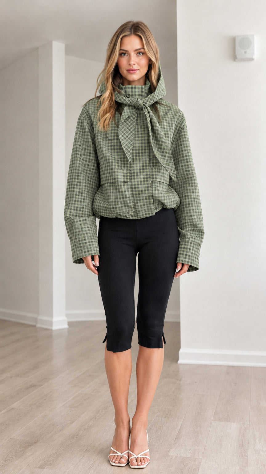 Front view of model wearing sage green plaid hooded tie-neck jacket