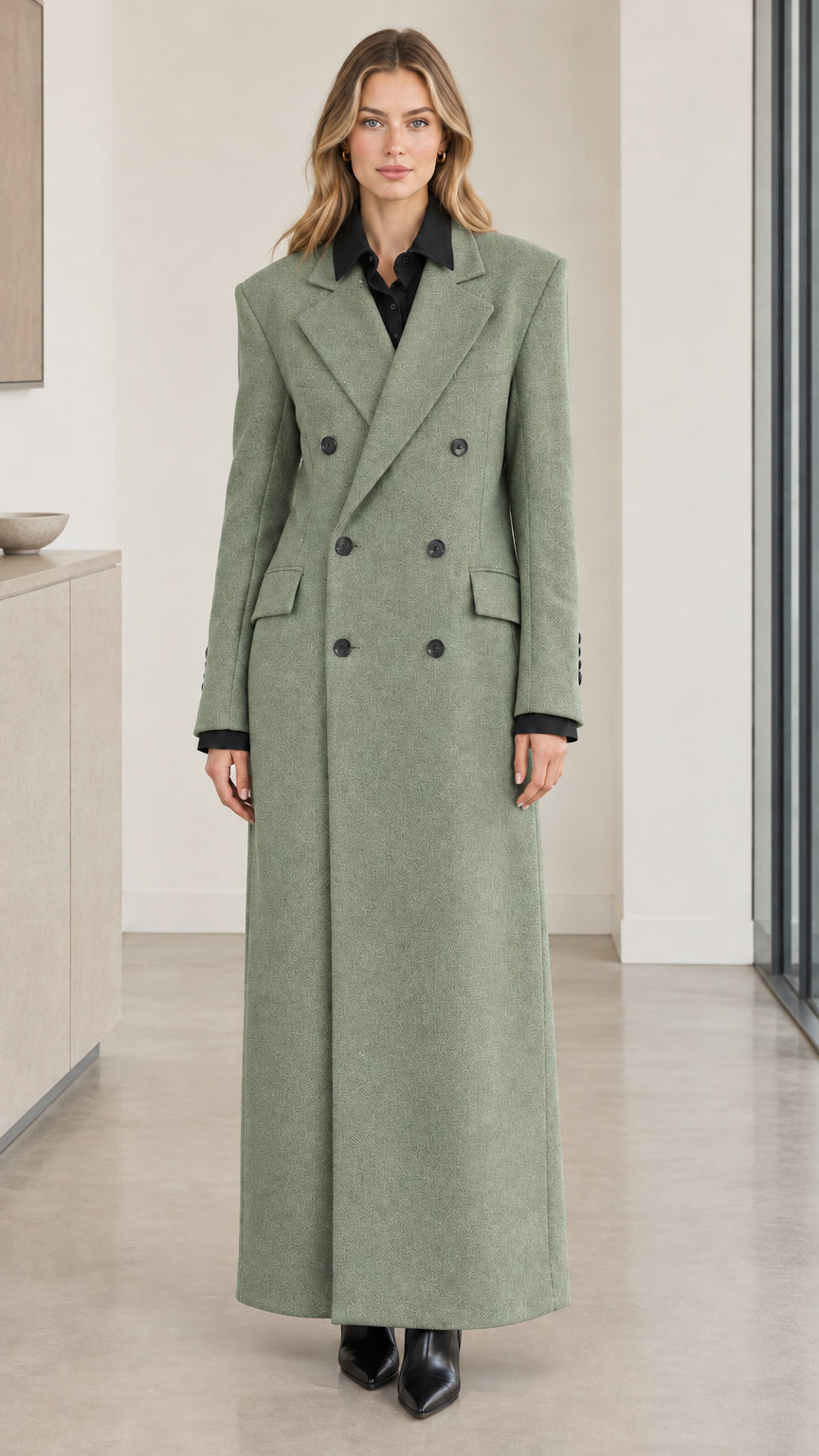 Front full-length view of woman wearing sage green double-breasted maxi overcoat