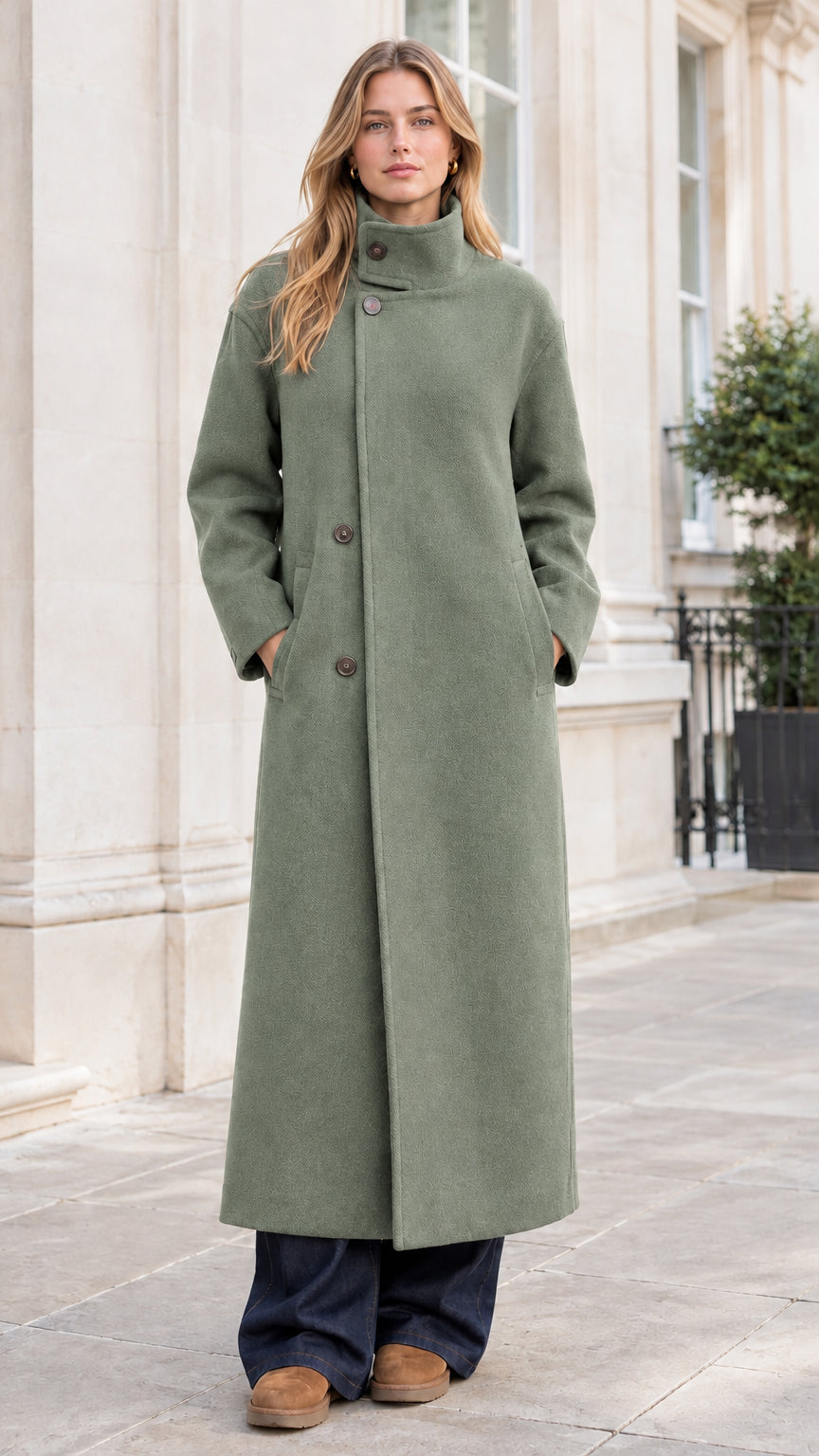 Full-length front view of woman wearing sage green longline winter overcoat
