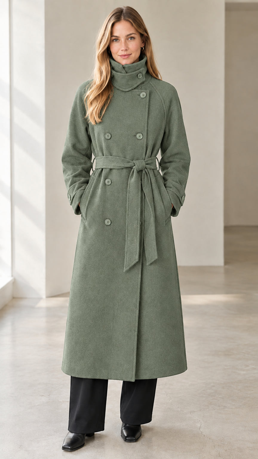 Front view of model wearing sage green double-breasted long trench coat with belt