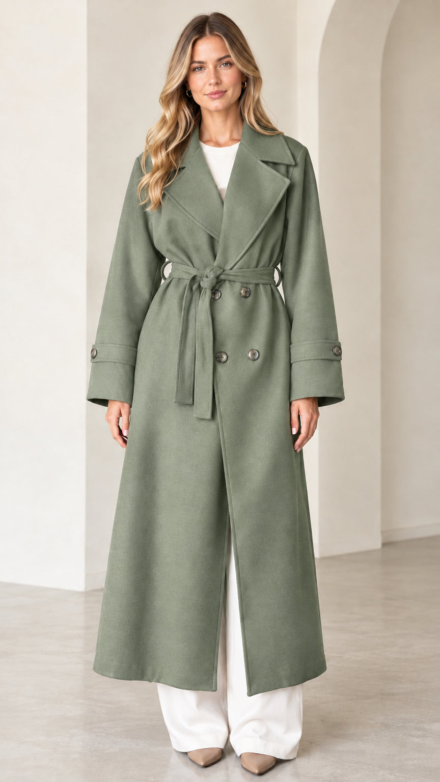Front view of model wearing sage green longline trench coat with self-tie belt