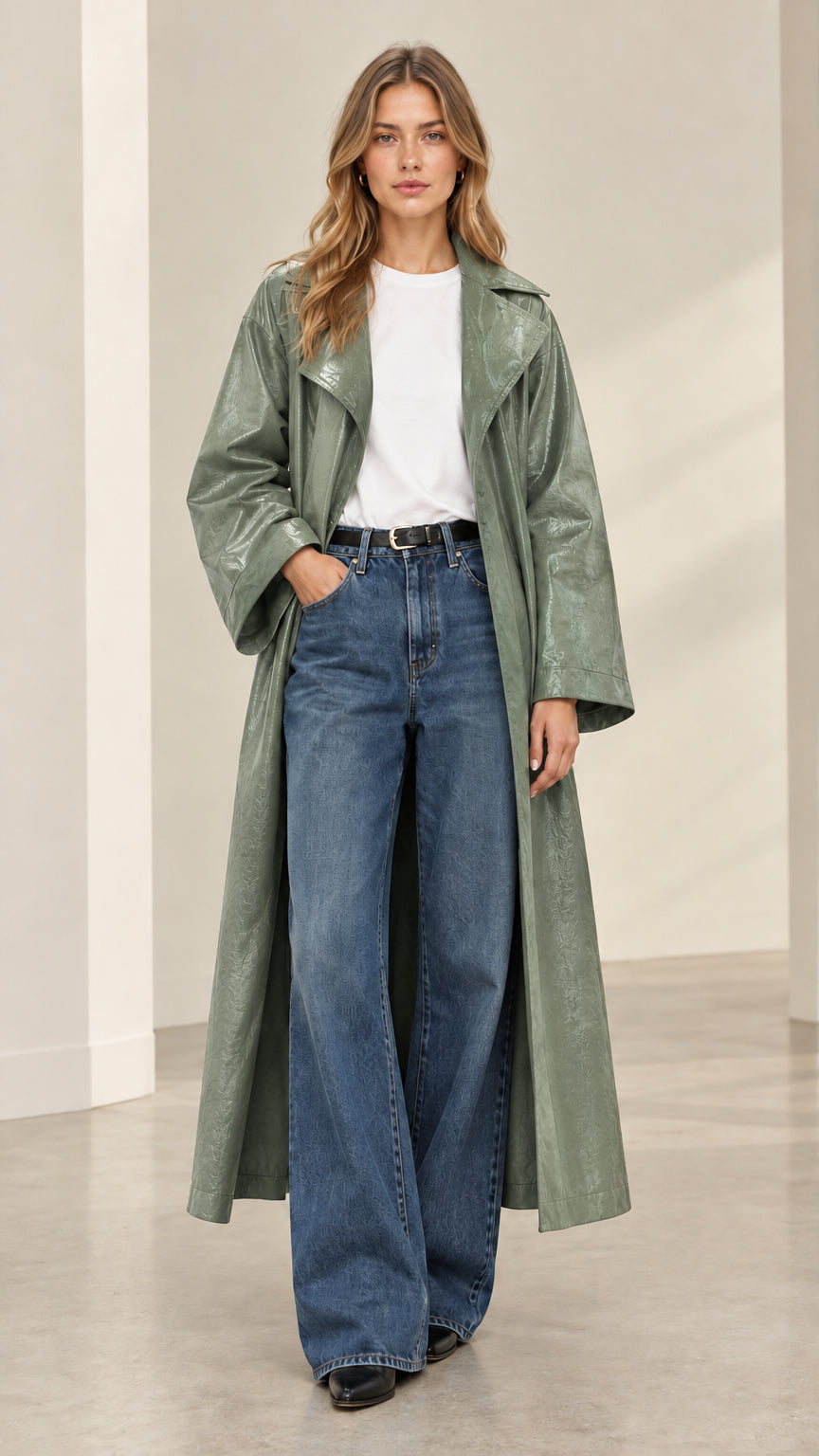 Front view of sage green glossy maxi trench coat with waist belt